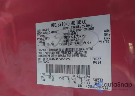 2005 Ford Ranger Edge/Stx/Xlt from USA, damaged, VIN 1FTYR44UX5PA55597